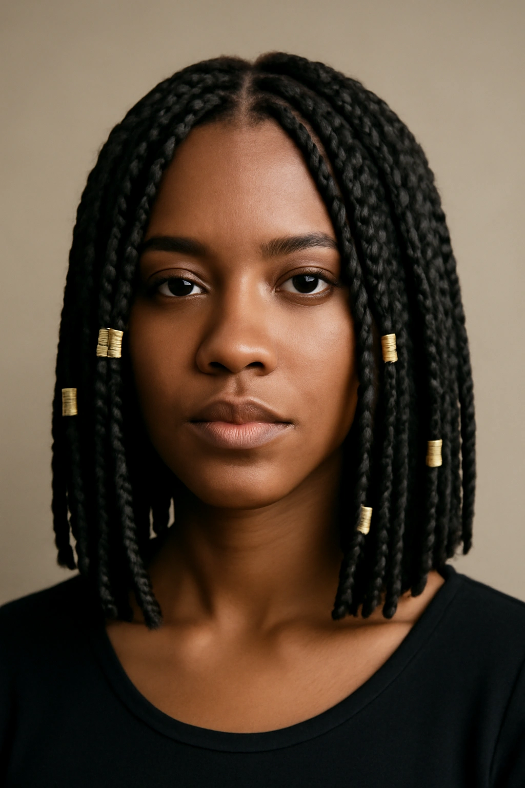 Shoulder-length box braids with gold cuffs