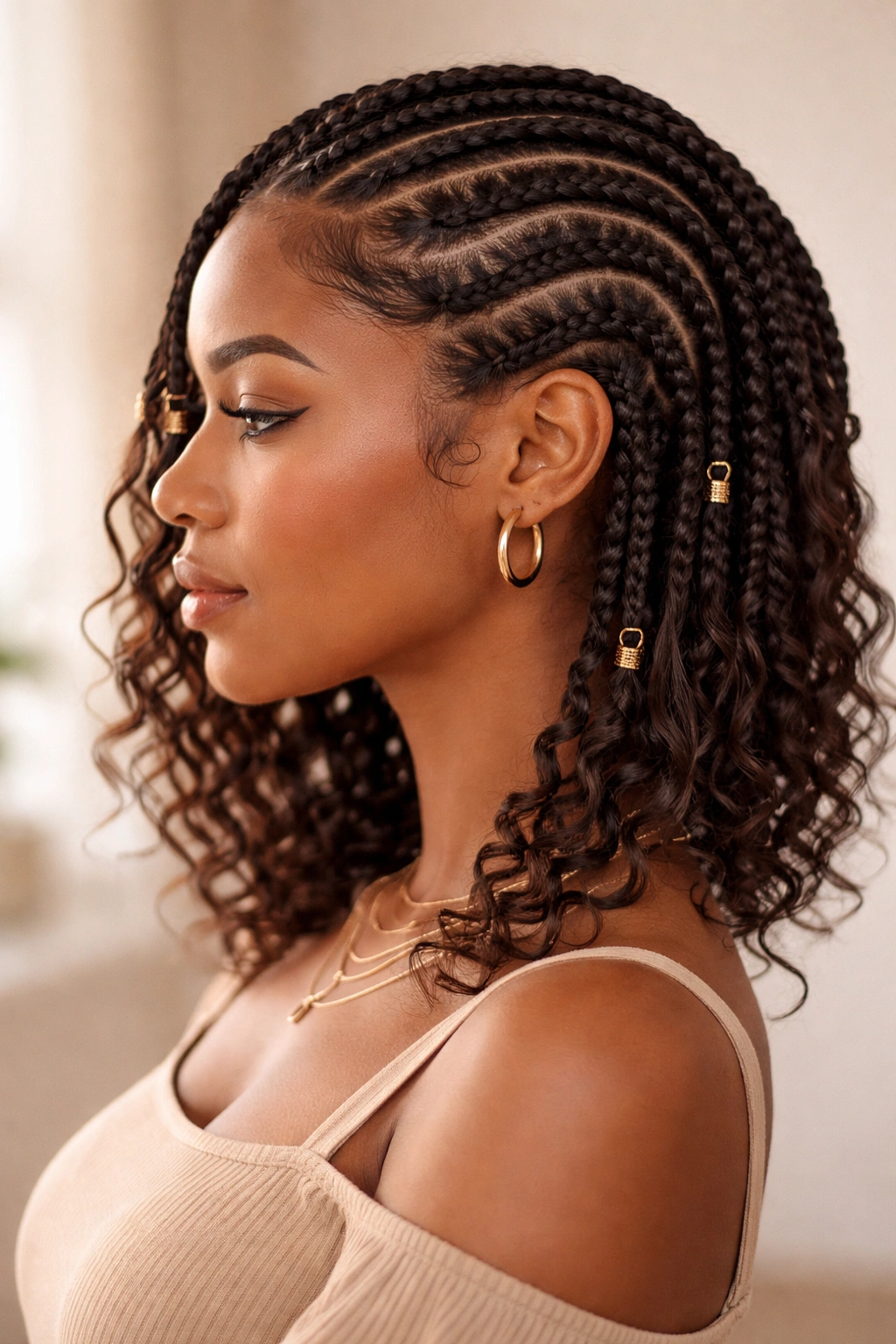 Curved goddess braid box braids with curved parts on short hair for romantic flow