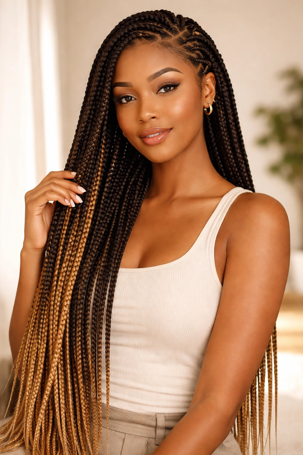Portrait of a person with neatly styled braided extensions, warm lighting