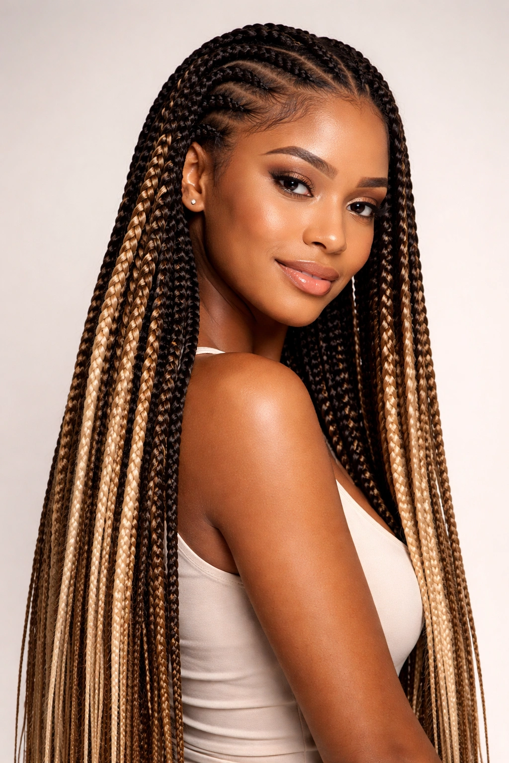 Close-up of a head with protective braids and extensions, showcasing length and texture