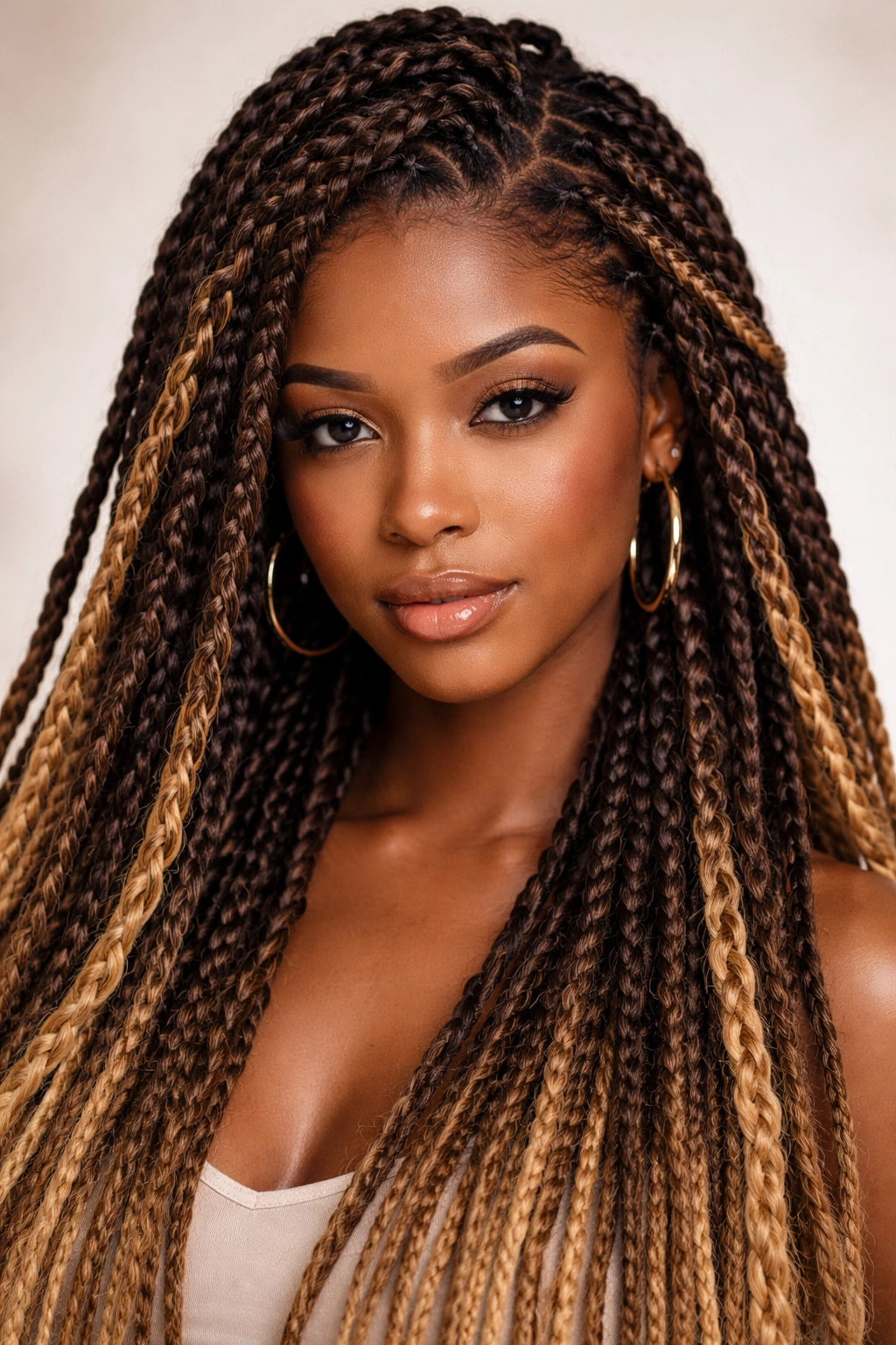Close-up of braided faux locs with lattice pattern and gradient color