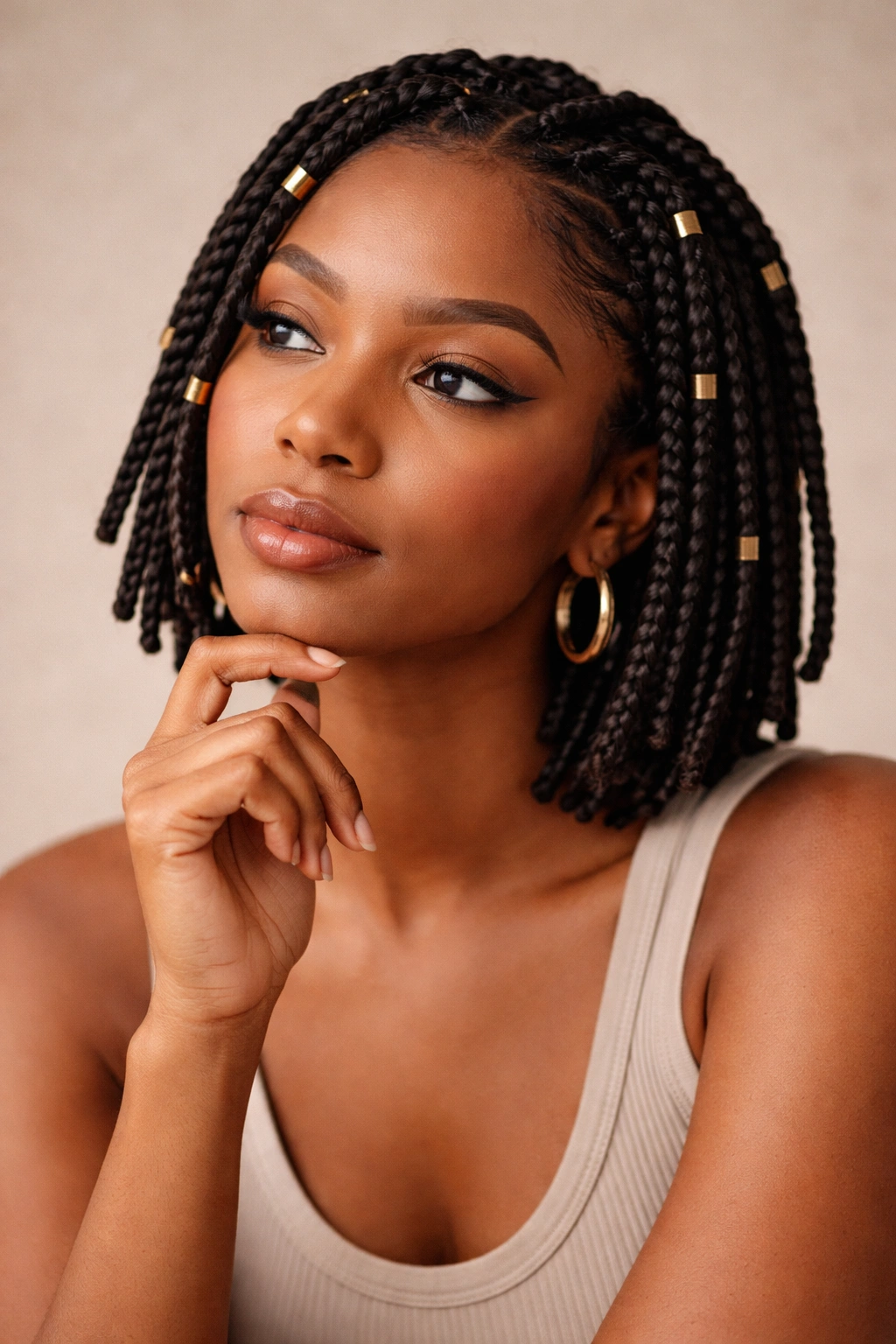 Final Thoughts portrait of a person with box braids in a contemplative pose