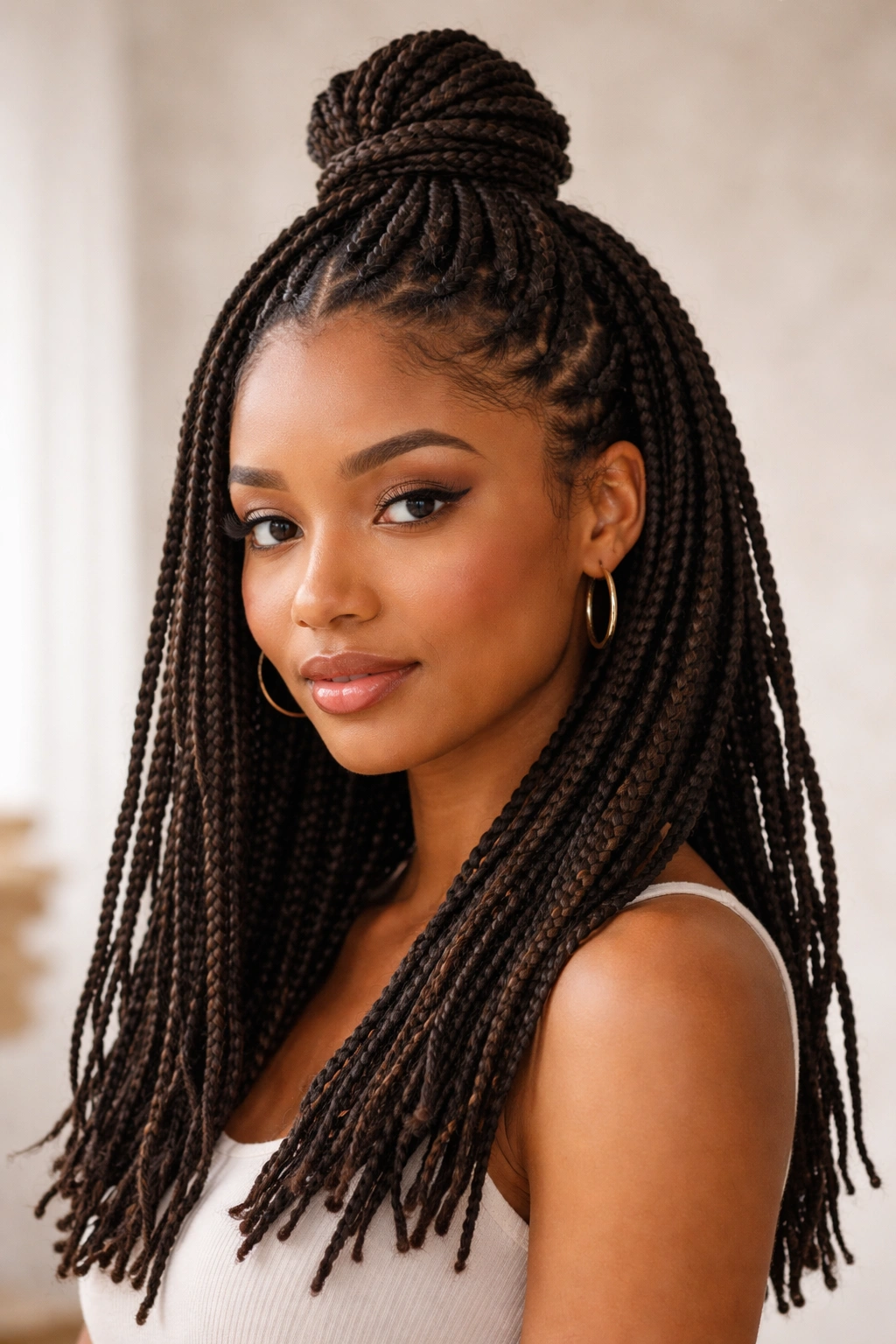 Half-Up Half-Down Box Braids hairstyle on short hair with top knot and flowing bottom braids