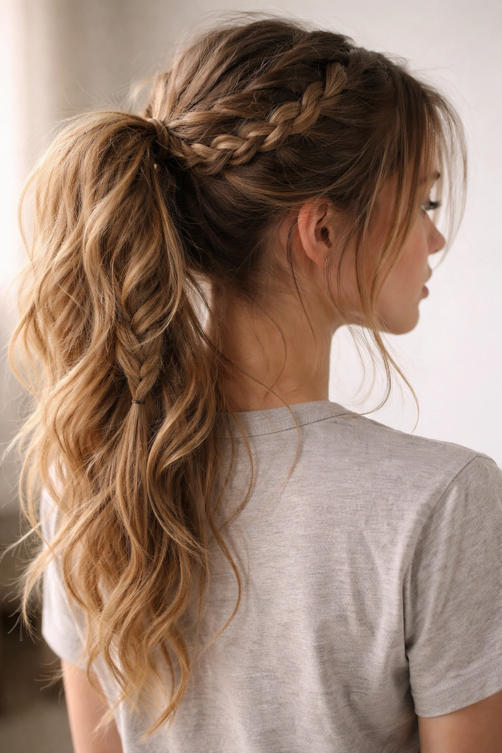 Close-up of a mid-height messy braided ponytail with loose braids and pancake texture in soft studio light