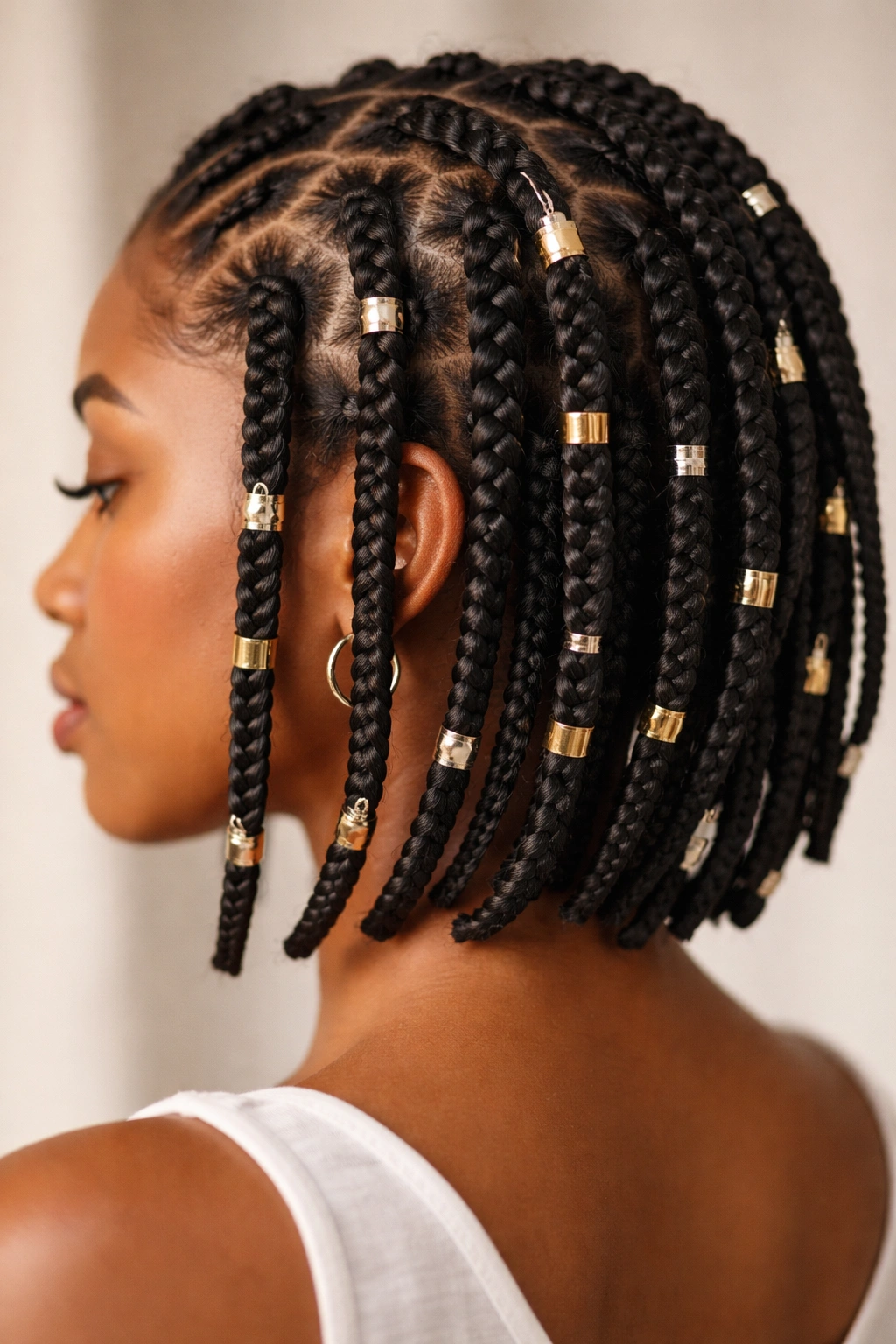 15 Box Braid Styles That Look Great On Short Hair 14 Short hair with braids featuring gold and silver cuffs along the braids