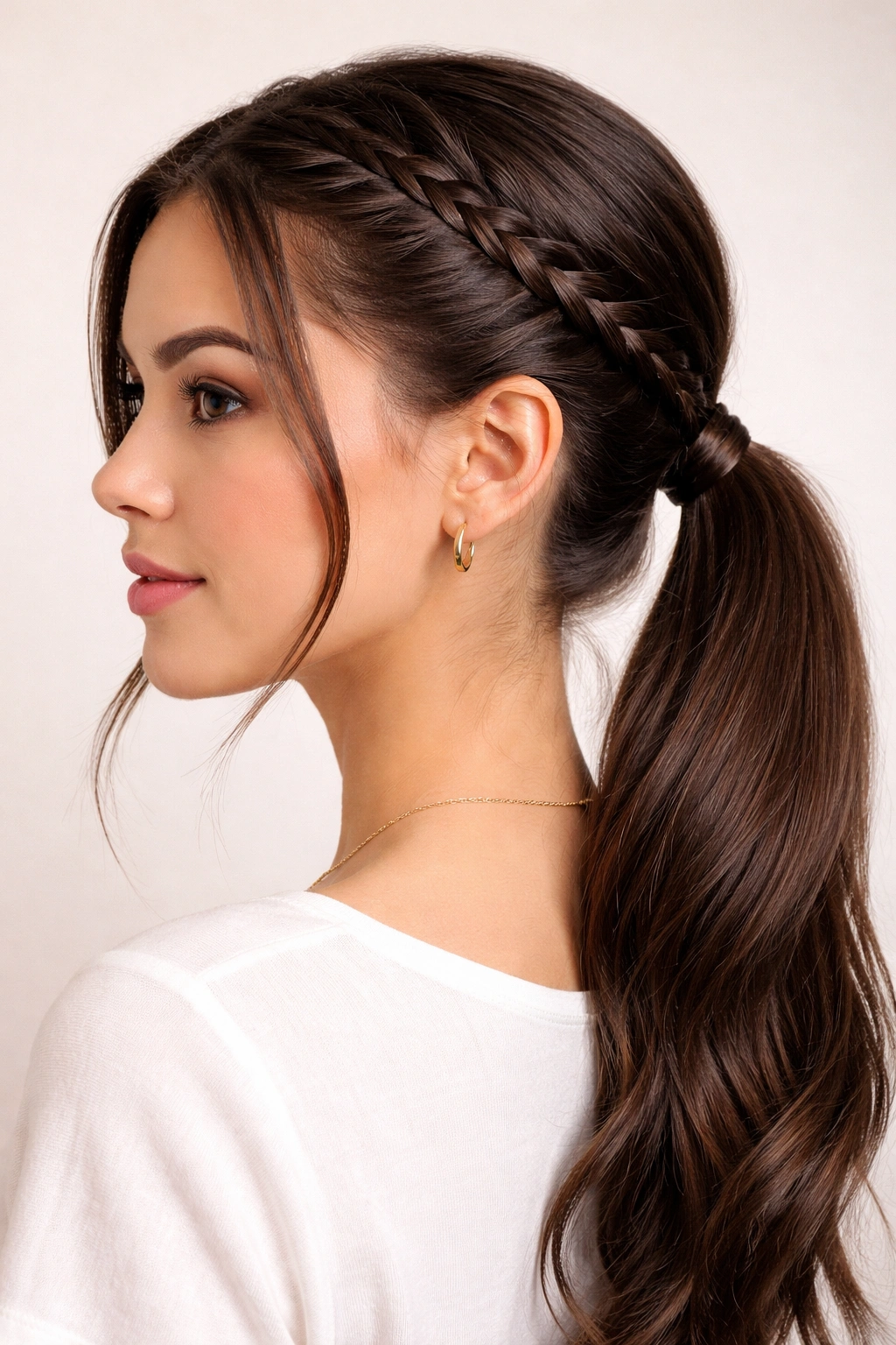 Low ponytail with braided detail and smooth texture