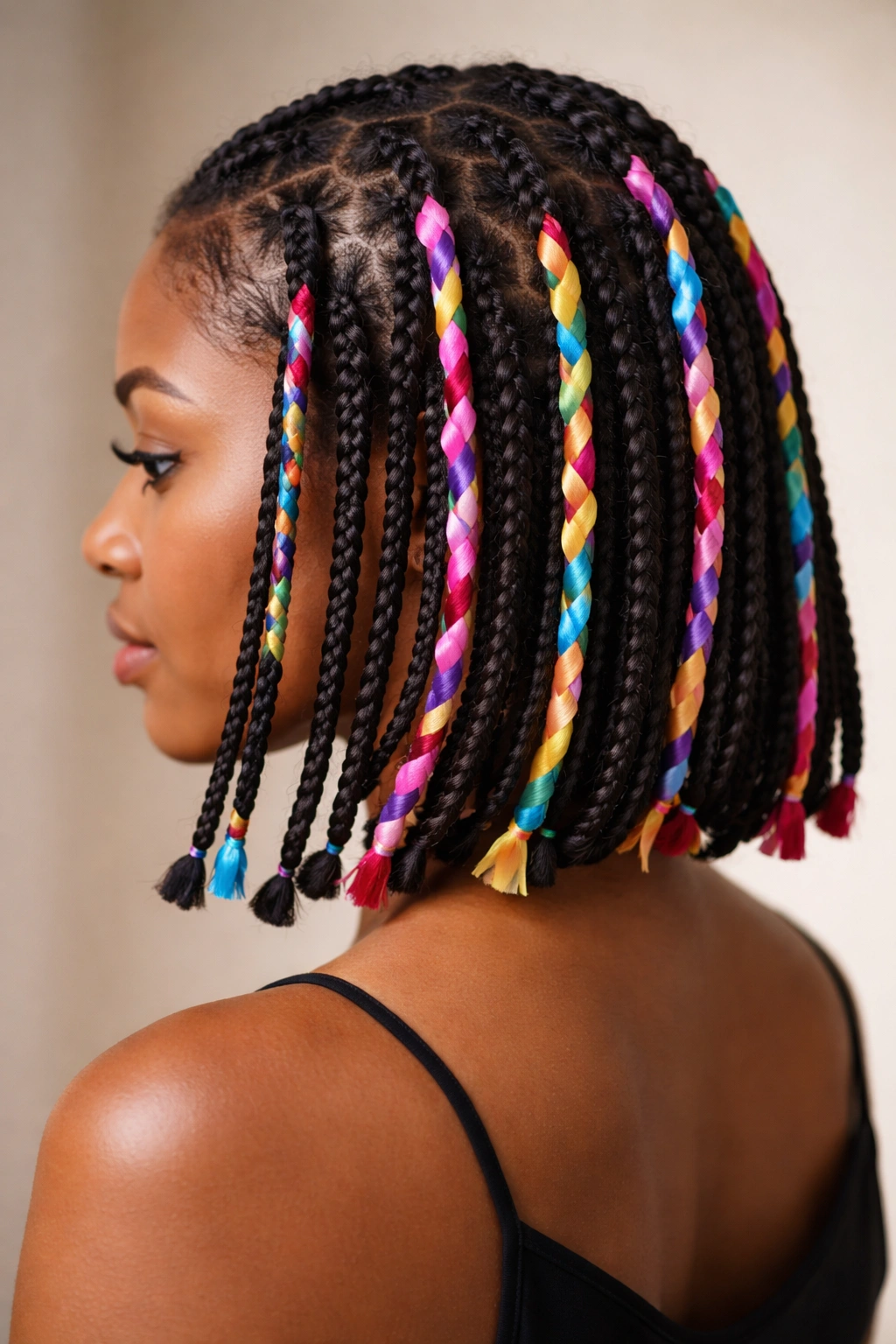 15 Box Braid Styles That Look Great On Short Hair 9 Close-up of braids with colorful ribbons woven through them