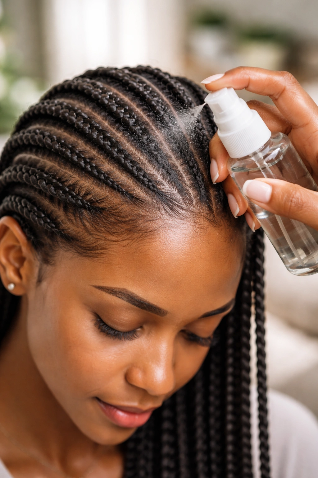 Close-up of braided scalp with fingertip applying moisturizer to the roots
