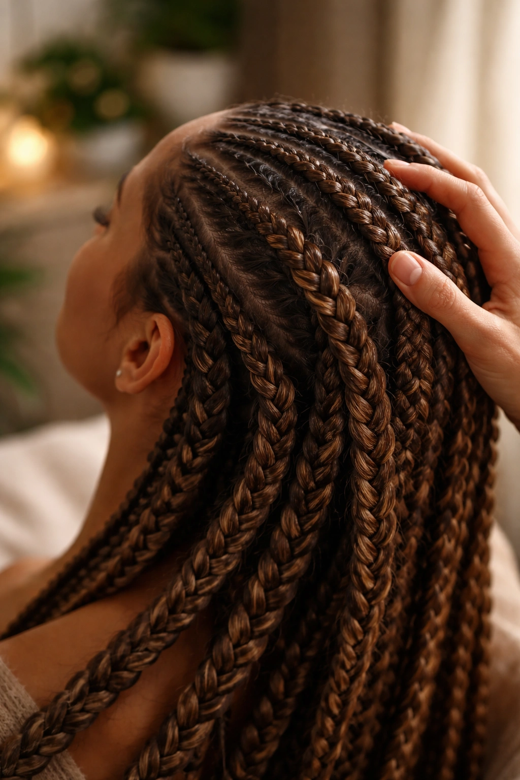 Hand massaging braided scalp to promote circulation