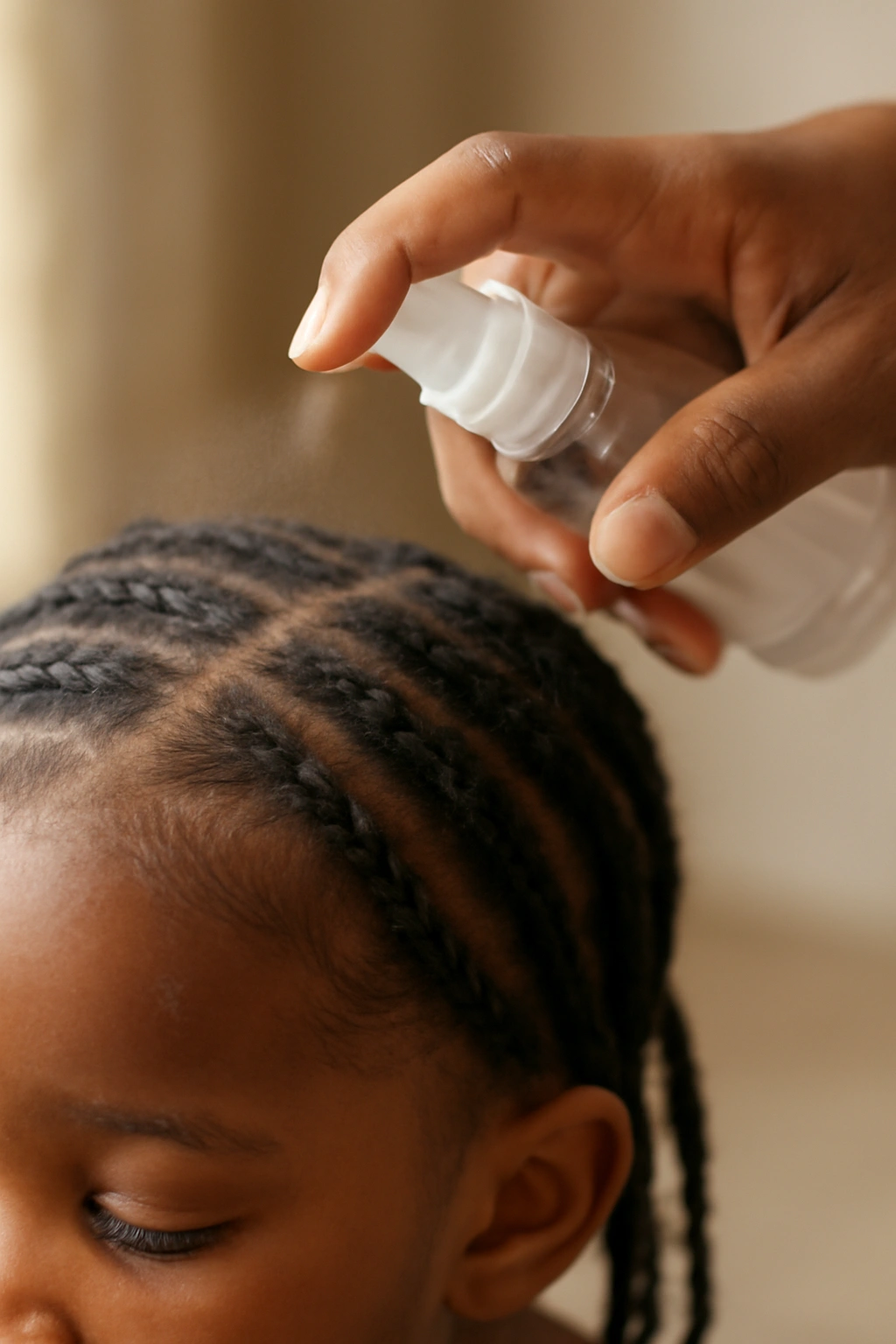12 Beautiful Braided Hairstyles for Black Toddlers 13 Close-up of caregiver spraying toddler's braided scalp for moisture