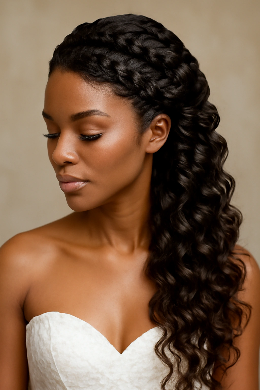 12 Stunning Bridal Hairstyles for Black Women 9 Side-swept braids with cascading curls on one side