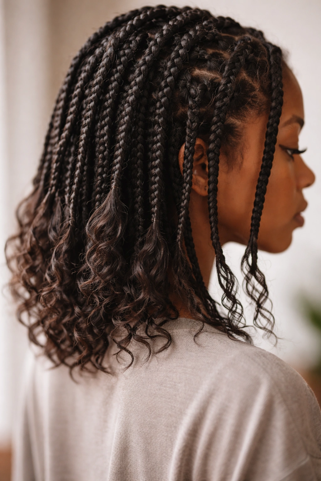 Textured box braids with loose-ended ends on short hair creating a relaxed vibe