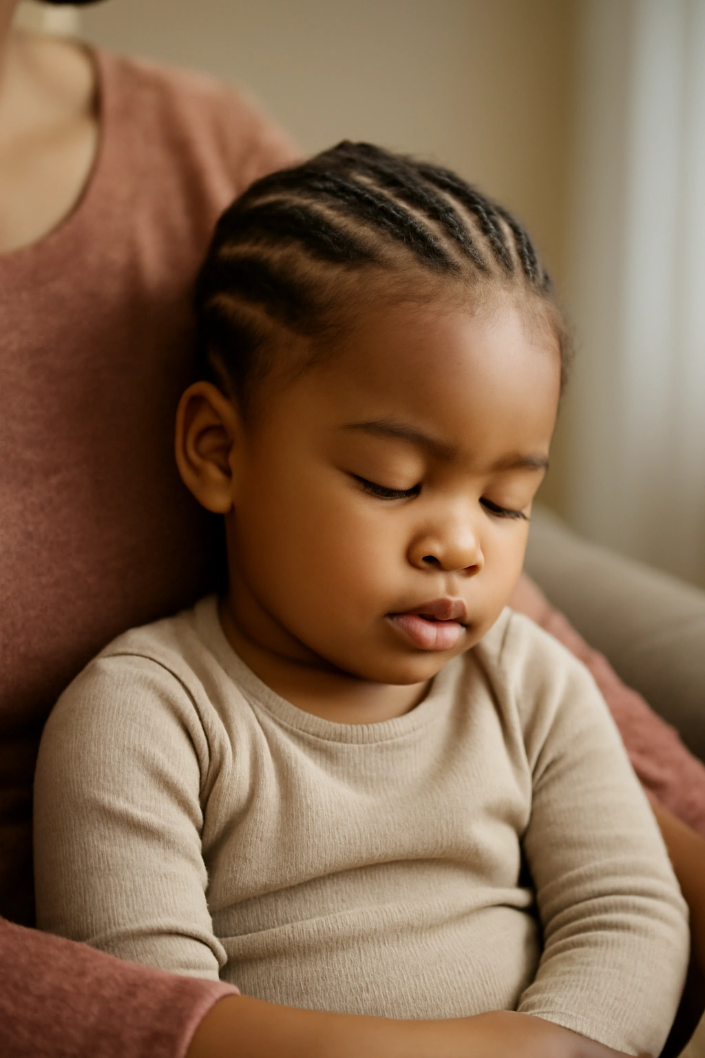 12 Beautiful Braided Hairstyles for Black Toddlers 15 Toddler with braided hair resting with caregiver in a cozy home setting