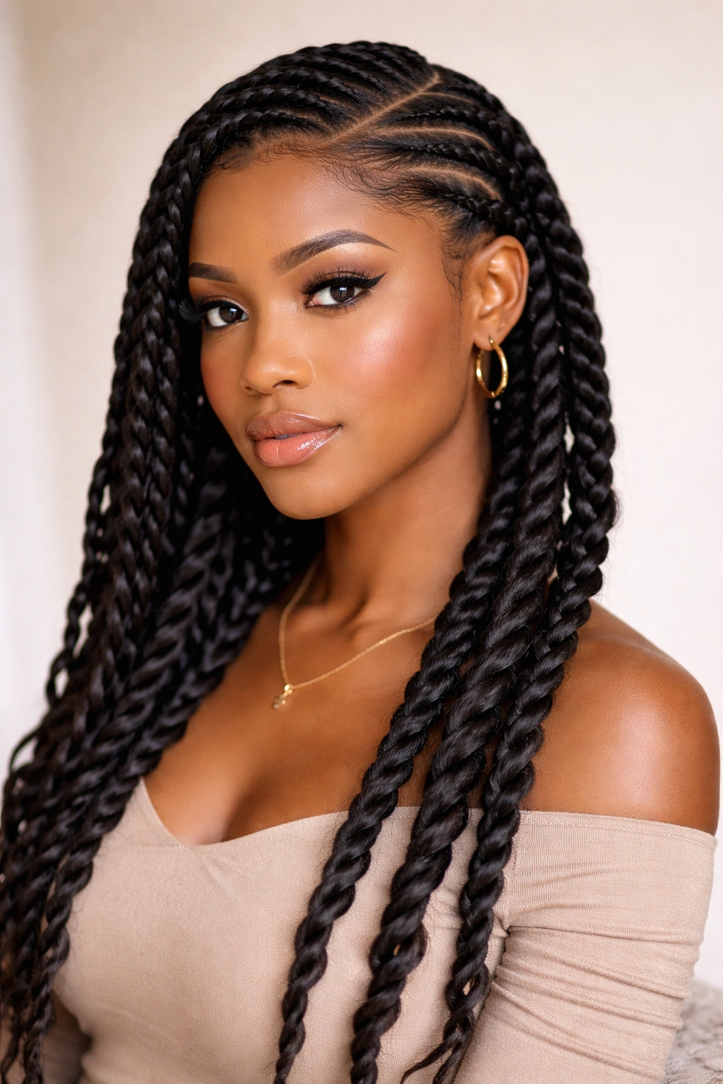 10 Side Part Two Braid Looks Black Women Love 8 Two braids starting from a side part transitioning into twists along the length
