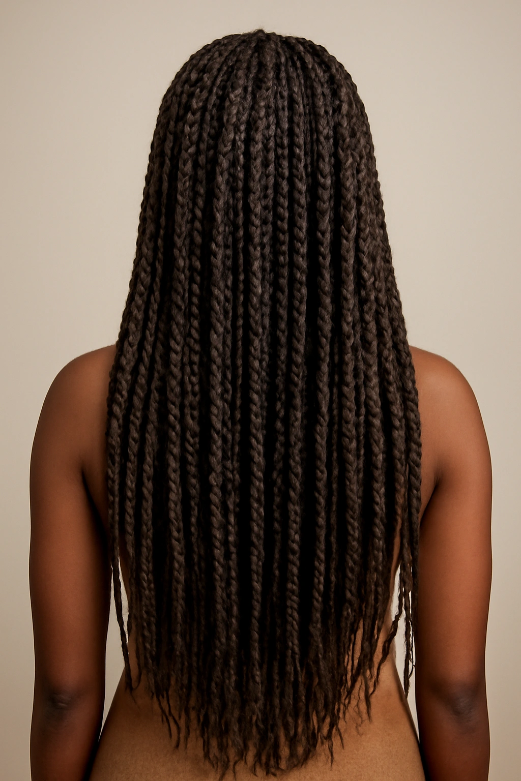 Back view of waist-length hair with cascading mixed twists and braids.