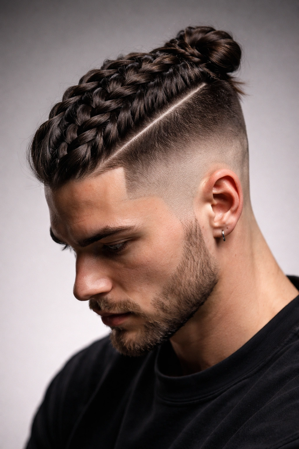 Top braided hairstyle with undercut on the sides