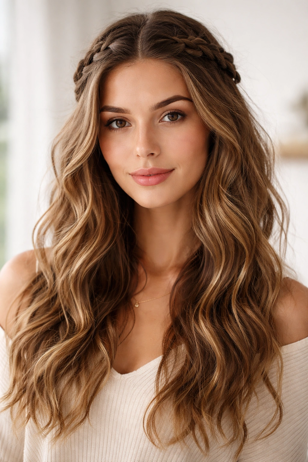 Crown braids blending into loose waves on natural hair