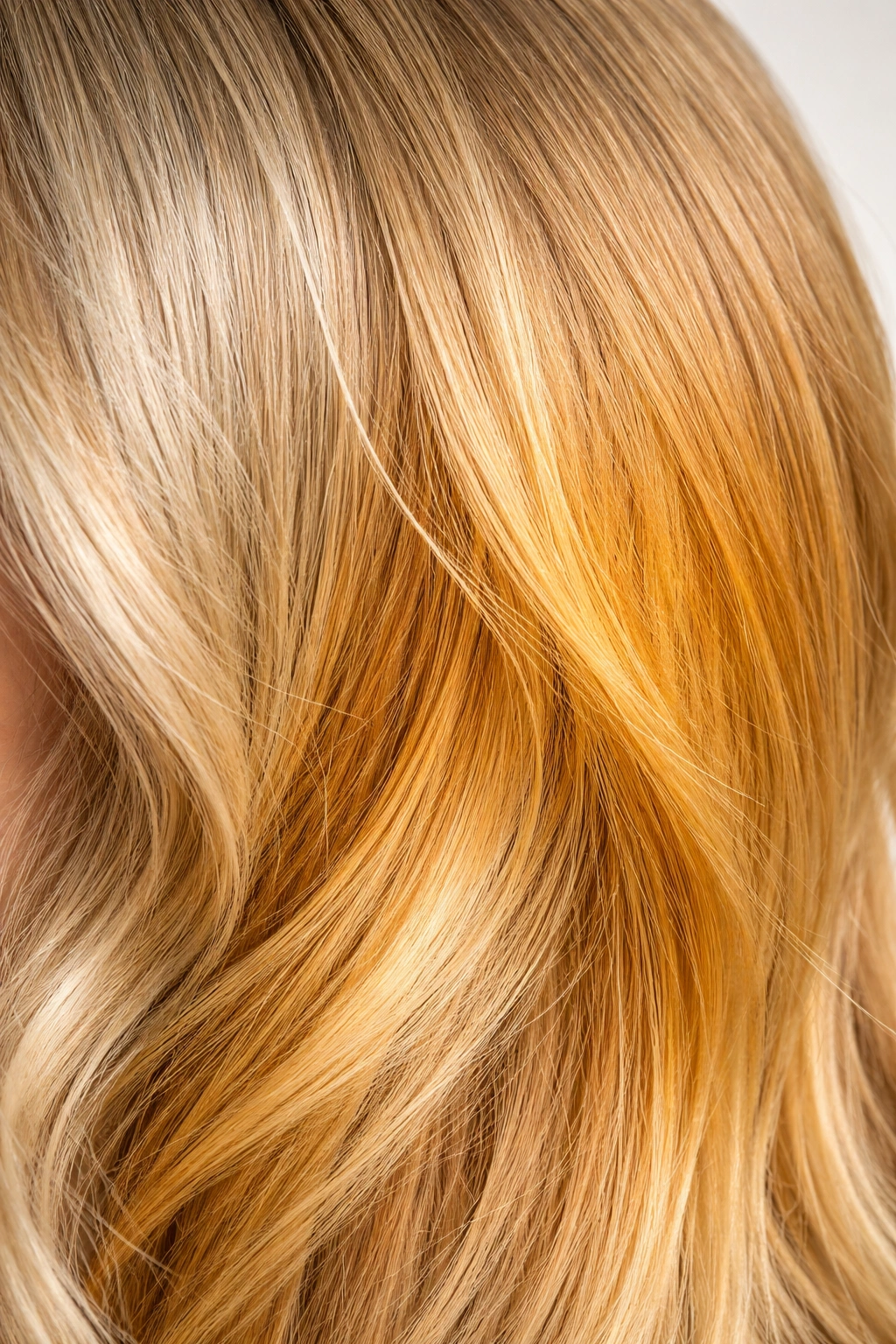 Hair showing transition from cool ash to warm brassy patches
