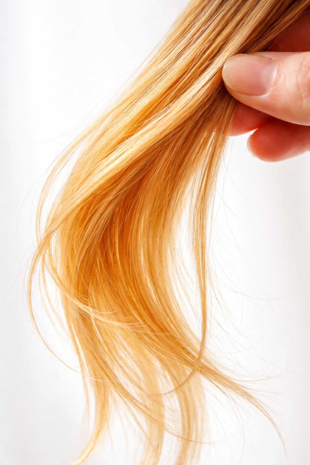 Hair strand showing brassiness against white background