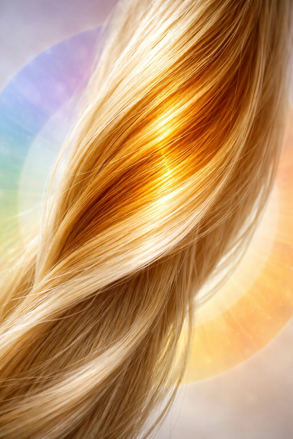 Hair strand showing brassy yellow-orange pigments after lightening