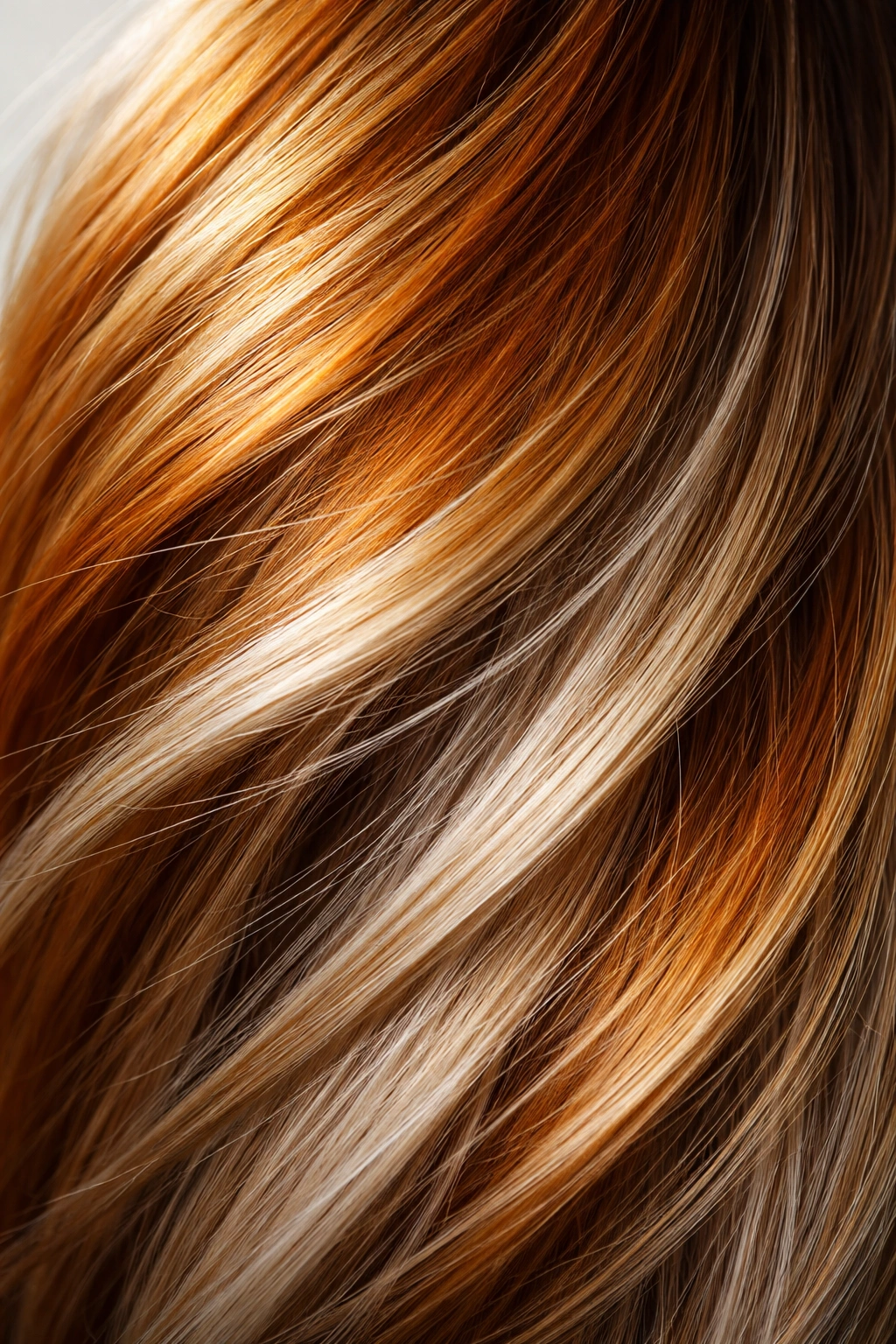 Close-up of hair strands with brassy orange tones and ash highlights under studio lighting