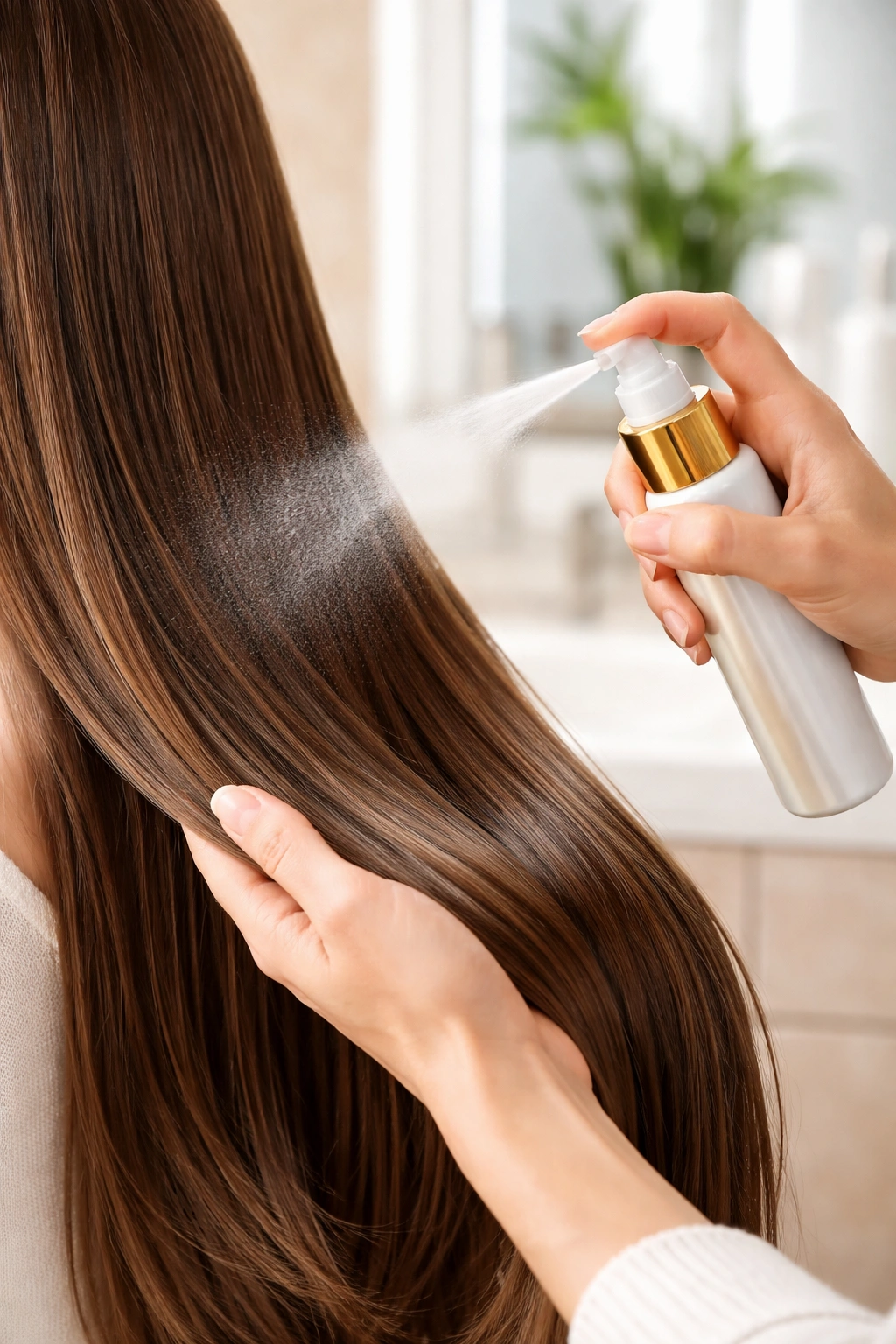 Hands applying heat-protectant spray to hair aftercare