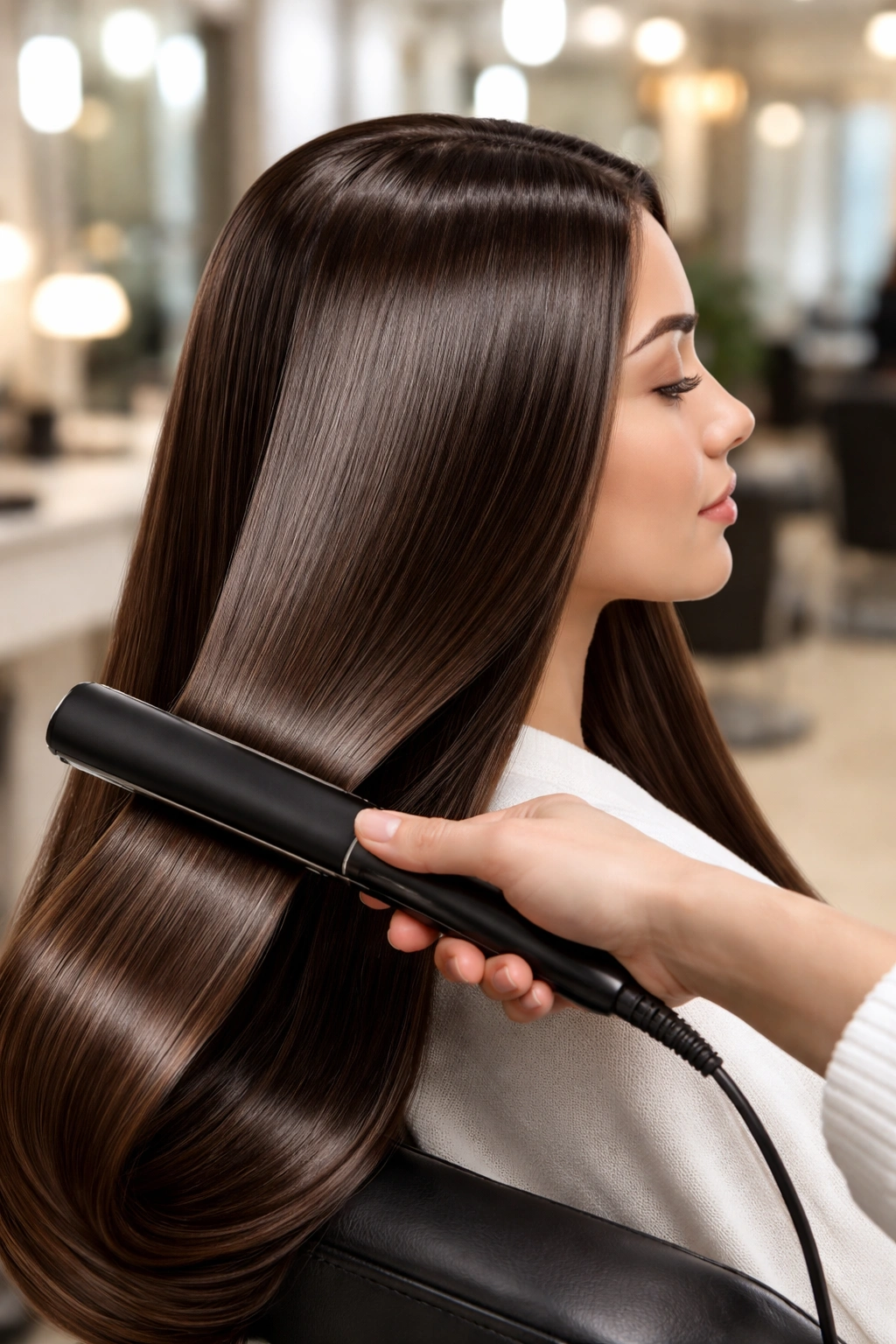 Hair undergoing smoothing to show customizable Brazilian Blowout results