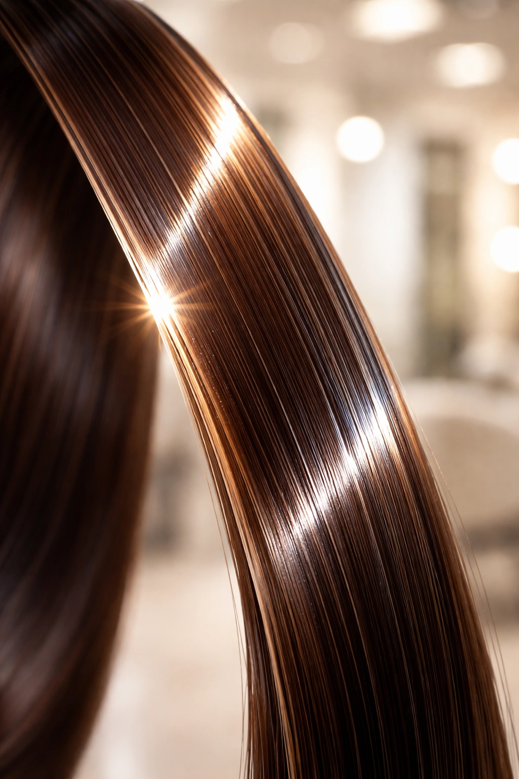 Close-up of glossy hair strand with sealed cuticle reflecting light