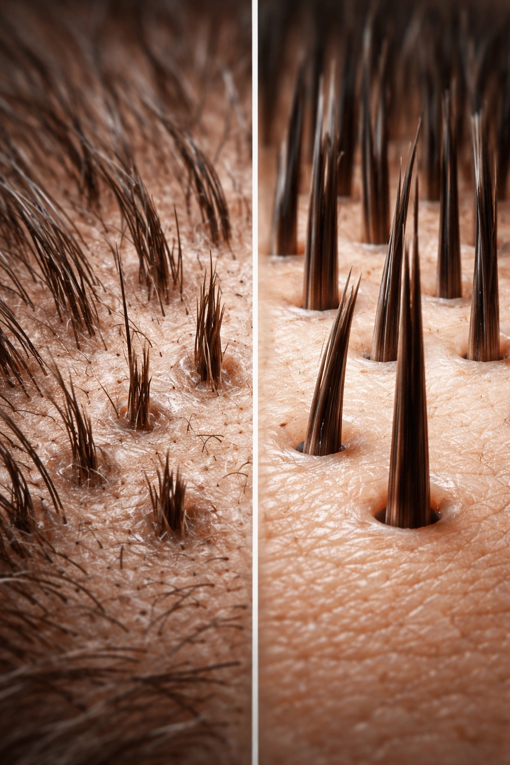 Close-up of scalp with broken hair ends beside new growth to illustrate breakage vs growth issues