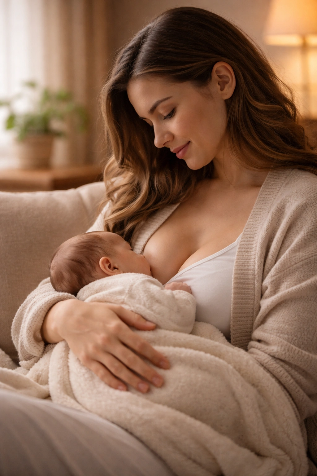 Nursing mother and baby in a calm home setting, illustrating postpartum considerations for laser treatments.