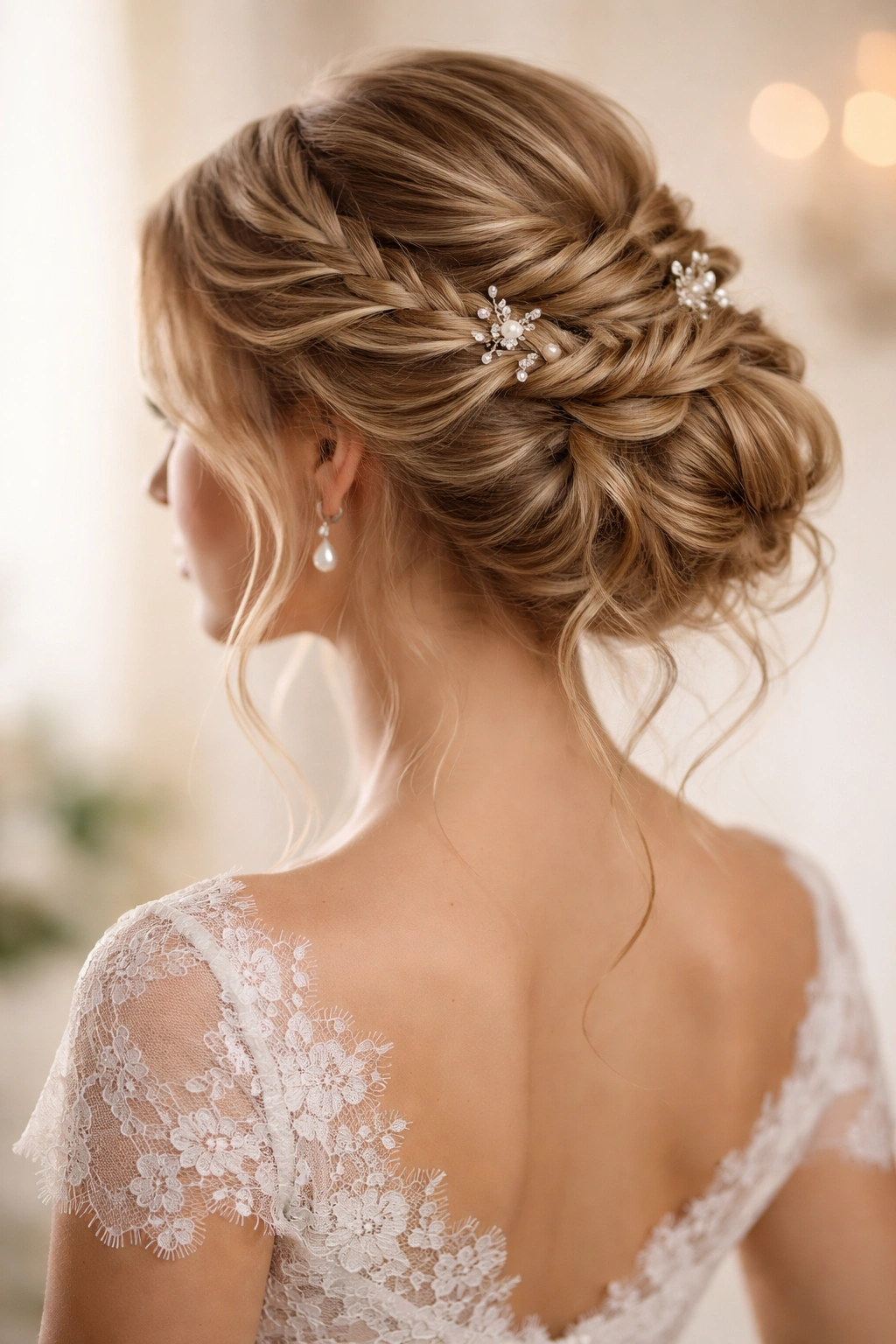 Close-up of romantic bridal braid updo with multiple intertwined braids and soft waves