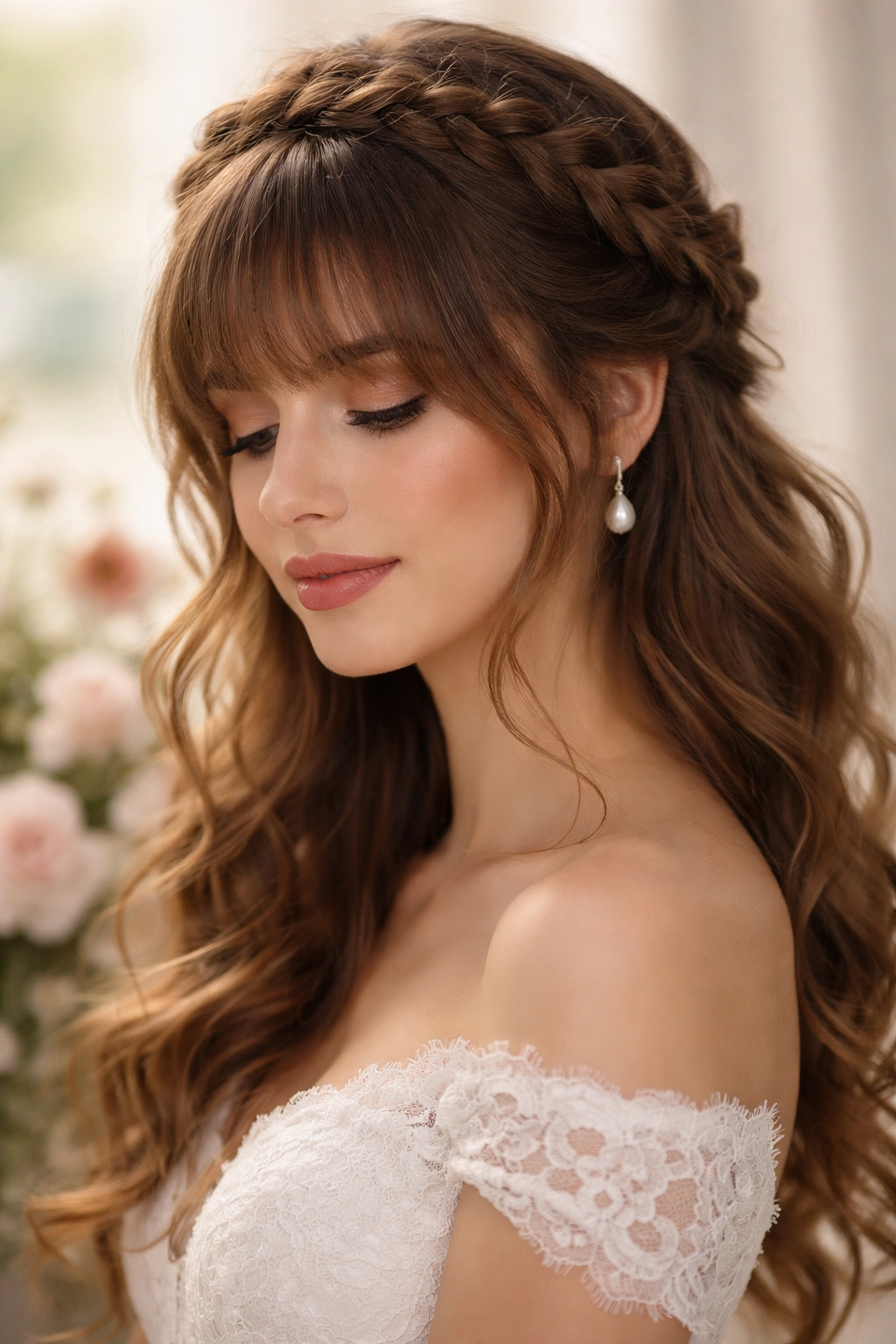 Loose braided crown with bangs flowing below