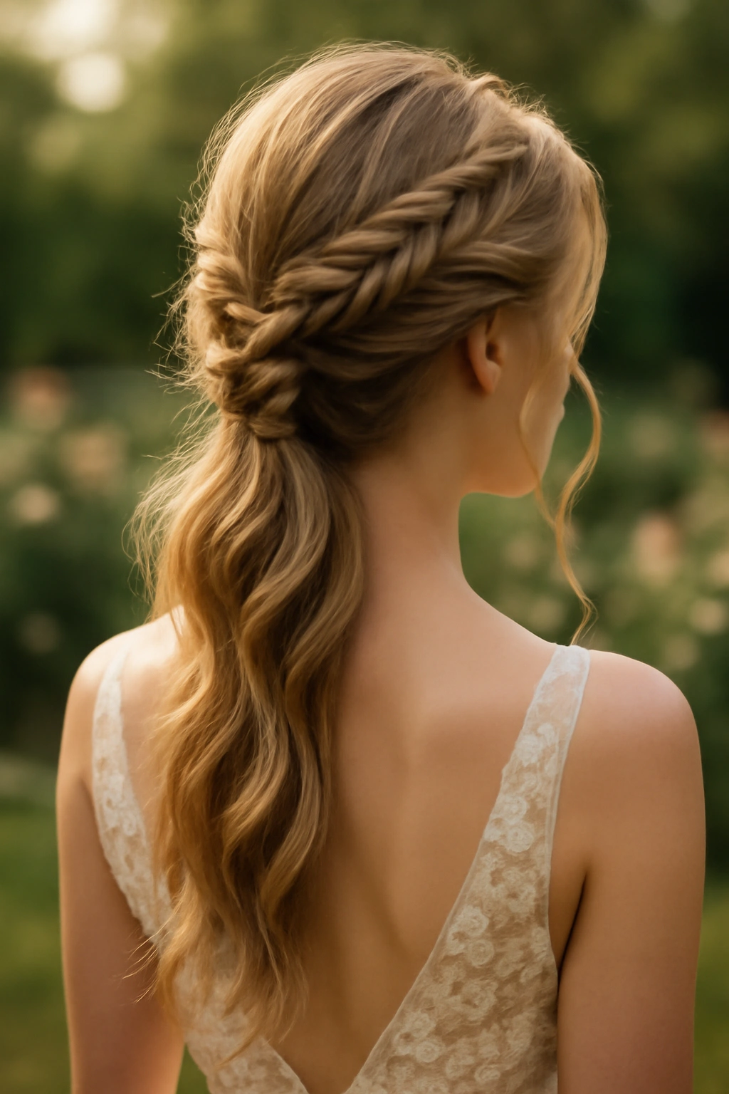 18 Wedding Styles From Polished Updos to Soft Waves 7 Close-up of an Ethereal Braided Ponytail with loose strands in garden light