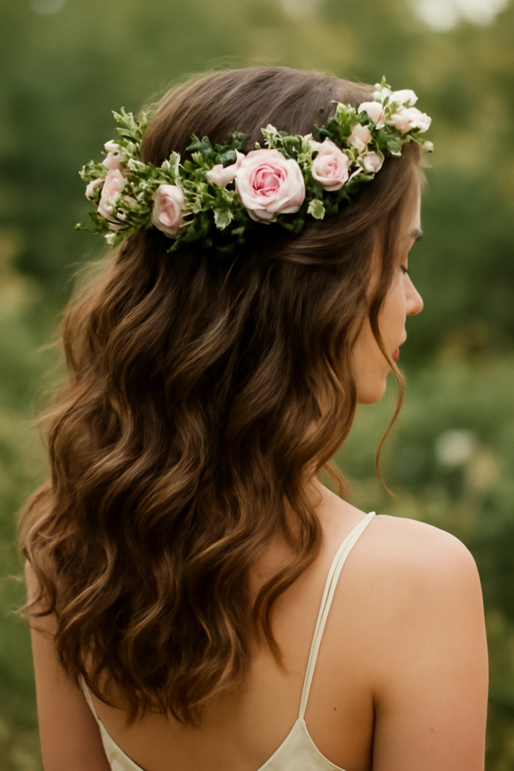 18 Wedding Styles From Polished Updos to Soft Waves 10 Bridal hairstyle with flower crown and loose curls in natural light