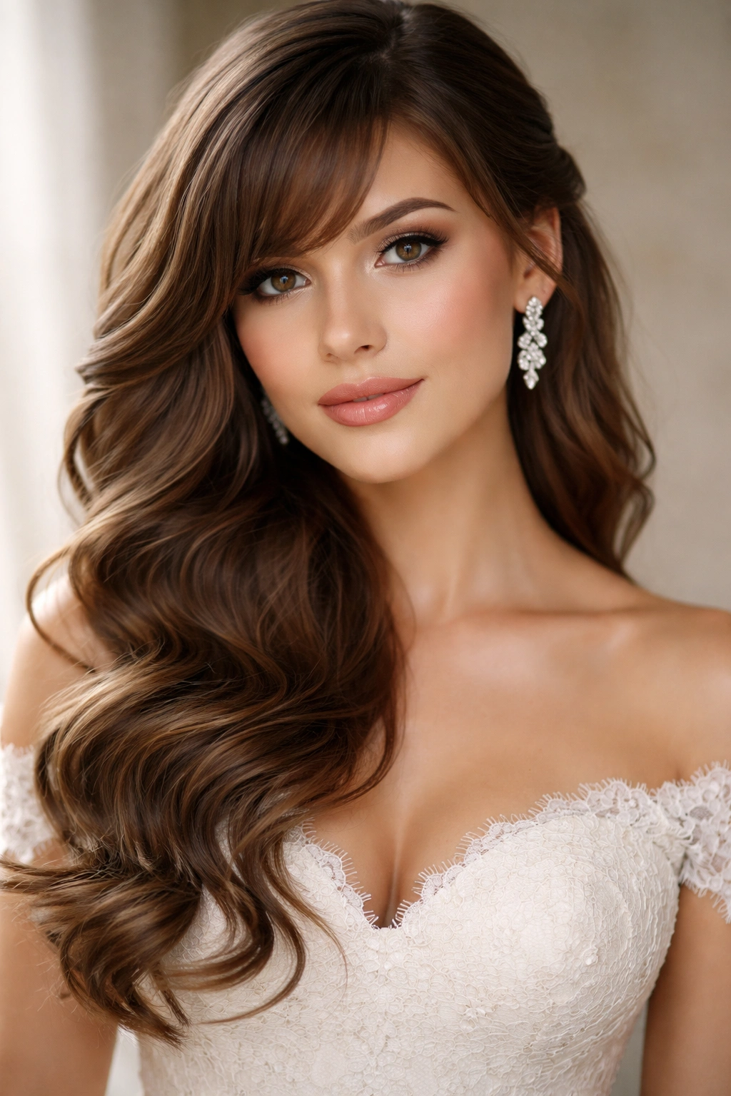 Bridal portrait featuring side-swept waves with one-side framing bangs