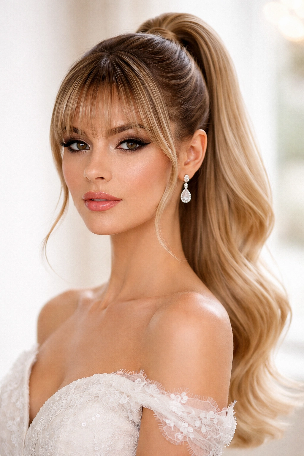 Slicked-back high ponytail with statement bangs