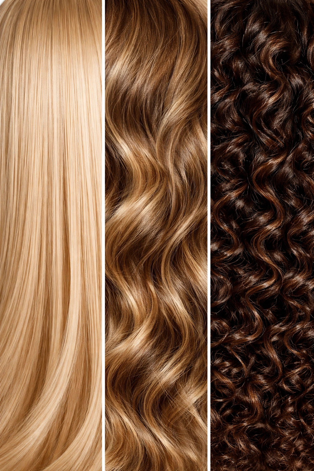 Close-up collage of straight, wavy, and curly hair textures for bridal hairstyles.