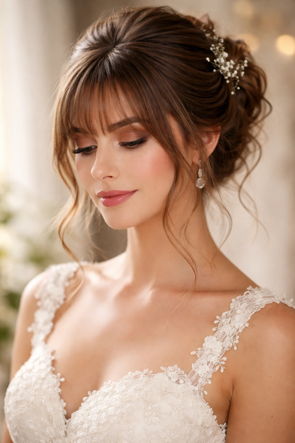 Textured updo with soft bangs on a bridal look