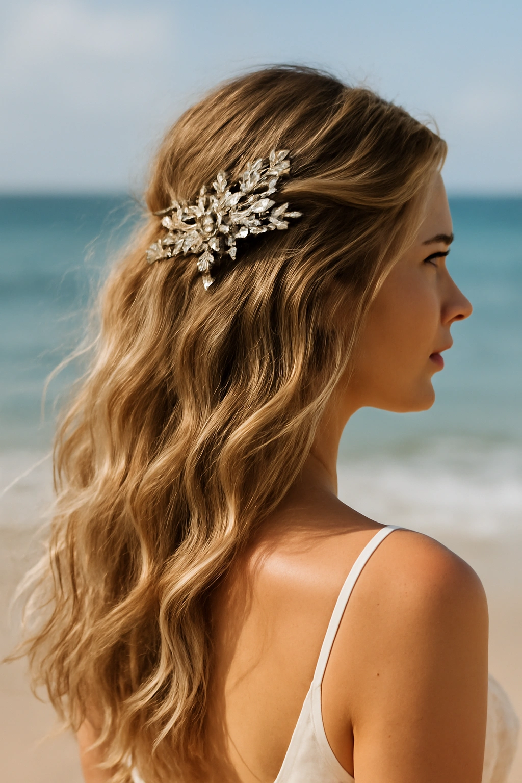 18 Wedding Styles From Polished Updos to Soft Waves 12 Beachy waves with decorative hairpiece at seaside