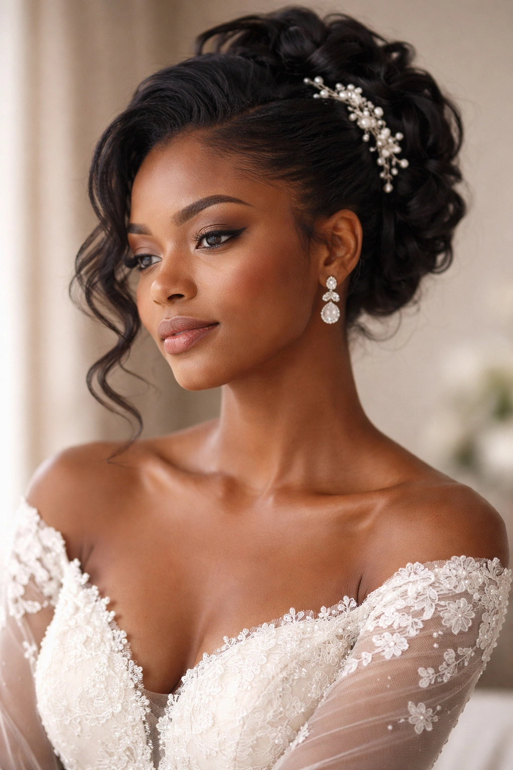 Close-up portrait of a bride with a refined bridal hairstyle and thoughtful expression