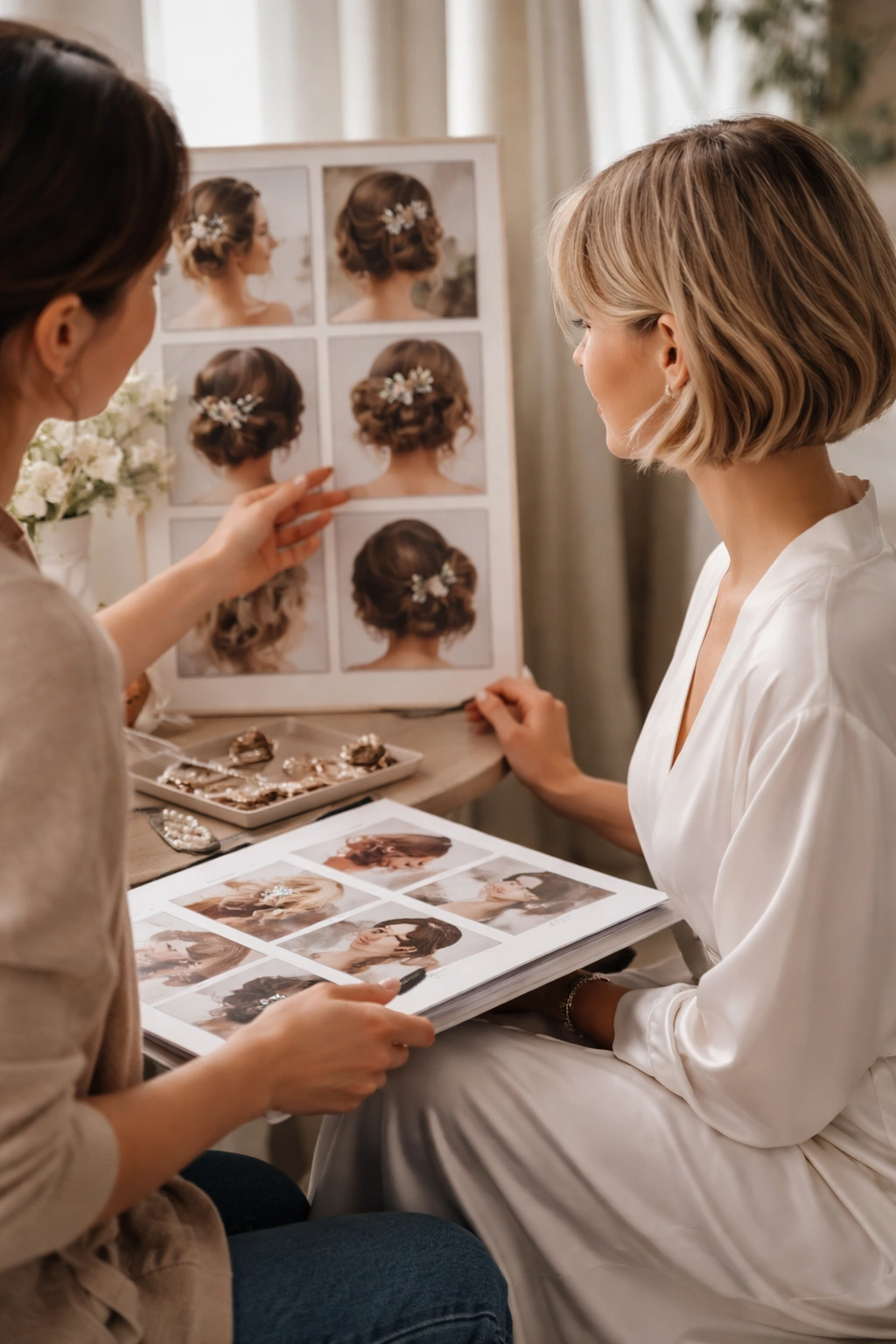 Bridal hairstyling consultation scene planning the final look