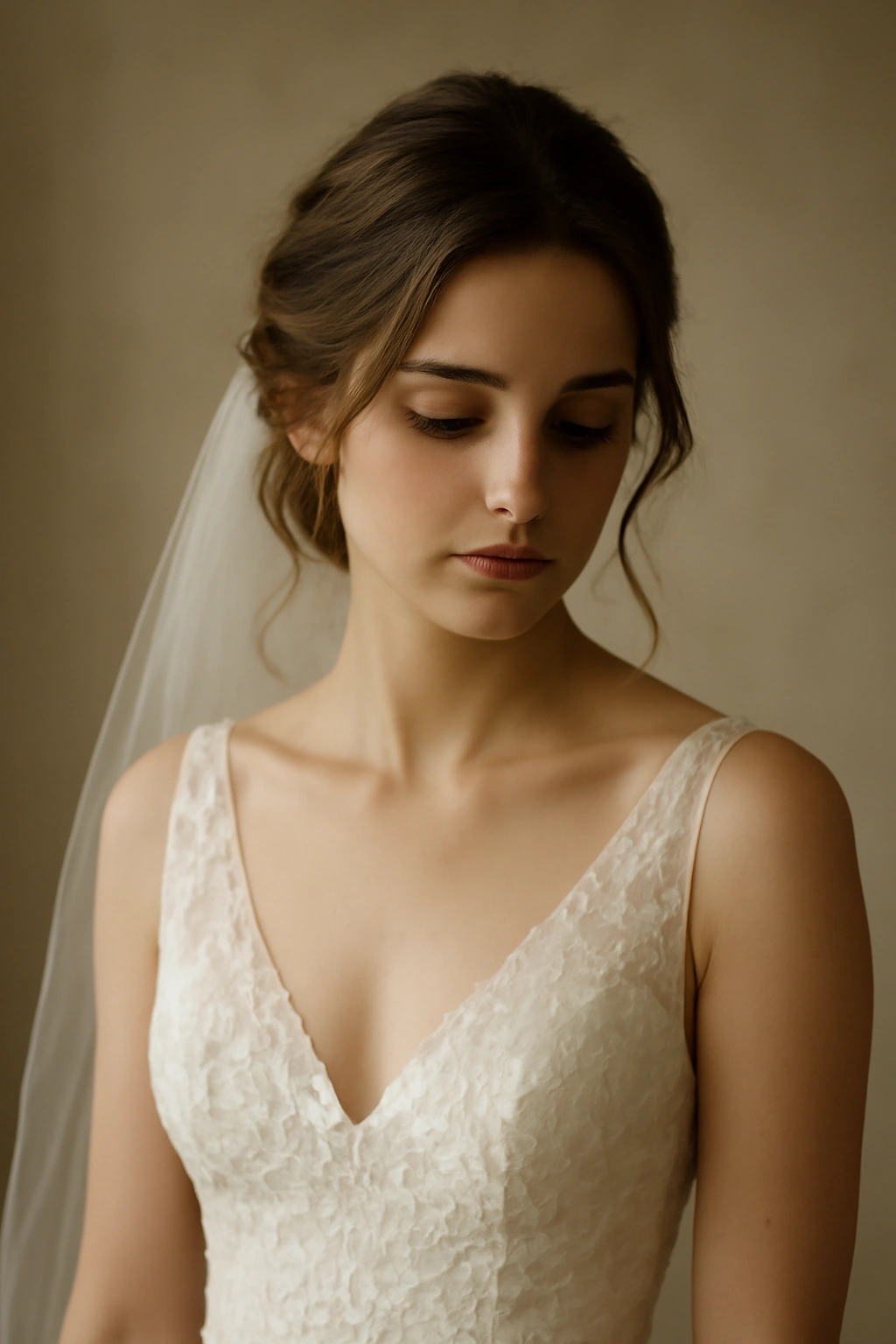 20 Wedding Hairstyles Matched to Your Hair Type 21 Bridal figure in soft light, contemplative pose in a neutral setting.