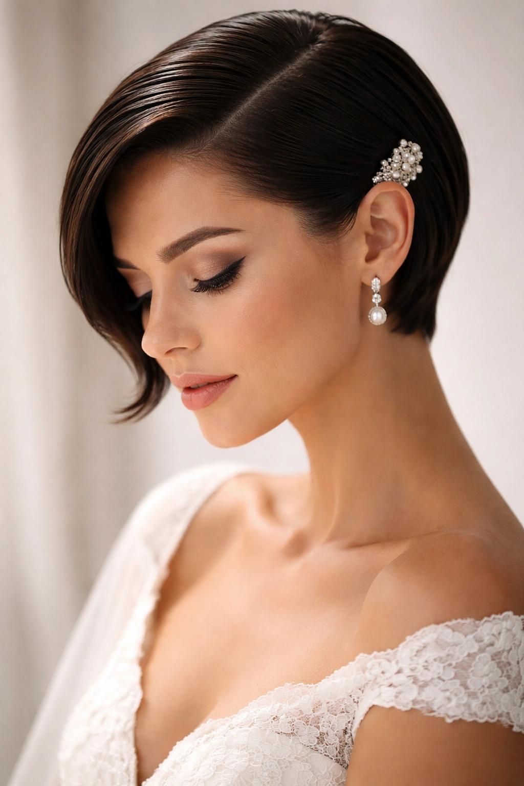 Close-up of a bride's sleek, deep side-parted short hairstyle with a glossy finish and vintage clip