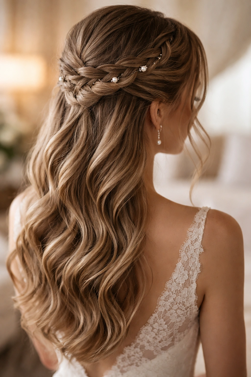Close-up of a bride's half-up braided hairstyle with pearl accents in soft wedding lighting