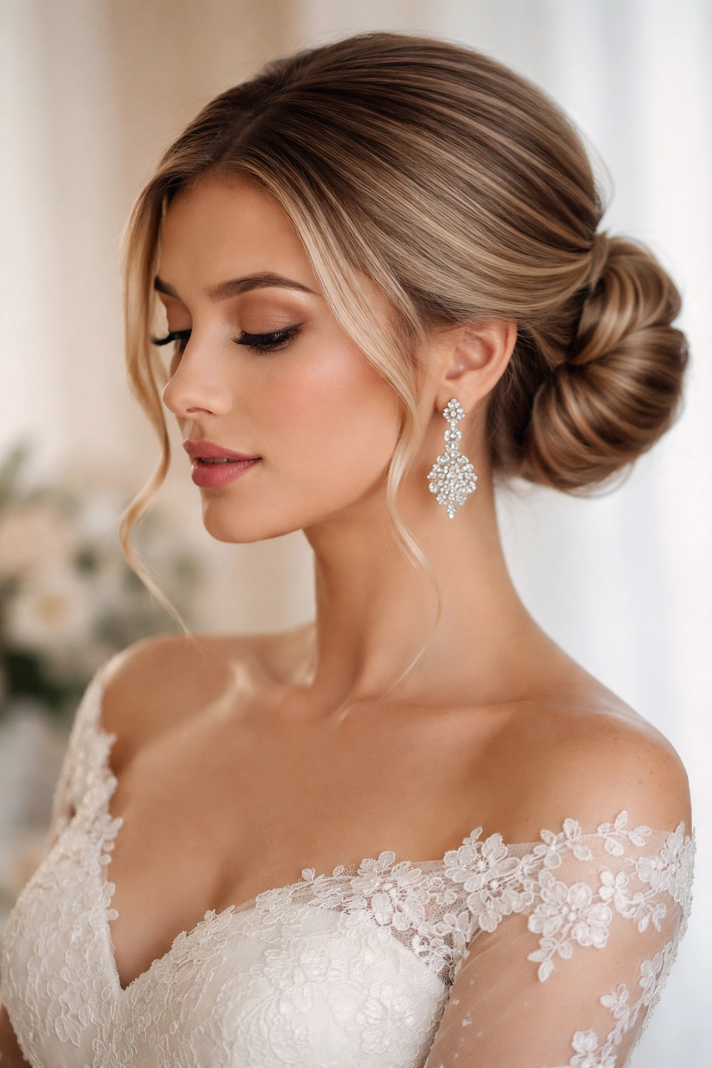 Bridal portrait showing coordinated makeup and accessories with a bun