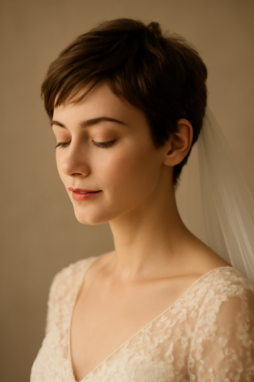 10 Simple Wedding Hairstyles for Short Hair Brides 11 Bridal portrait with short hair conveying calm confidence.