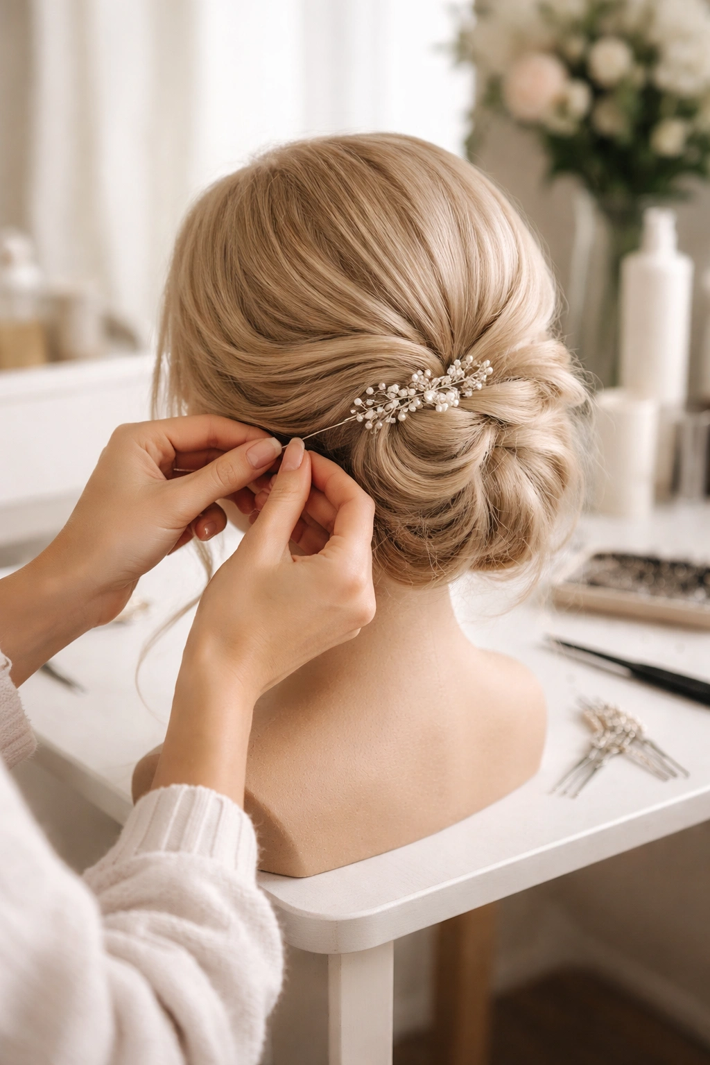 Stylist hands styling bridal hair on mannequin head in studio.