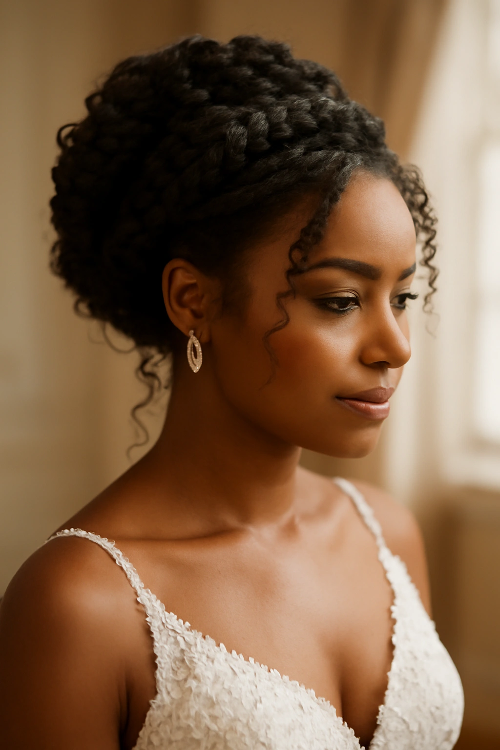 12 Stunning Bridal Hairstyles for Black Women 13 Close-up of a Black bride with a braided curly updo in a warmly lit bridal suite
