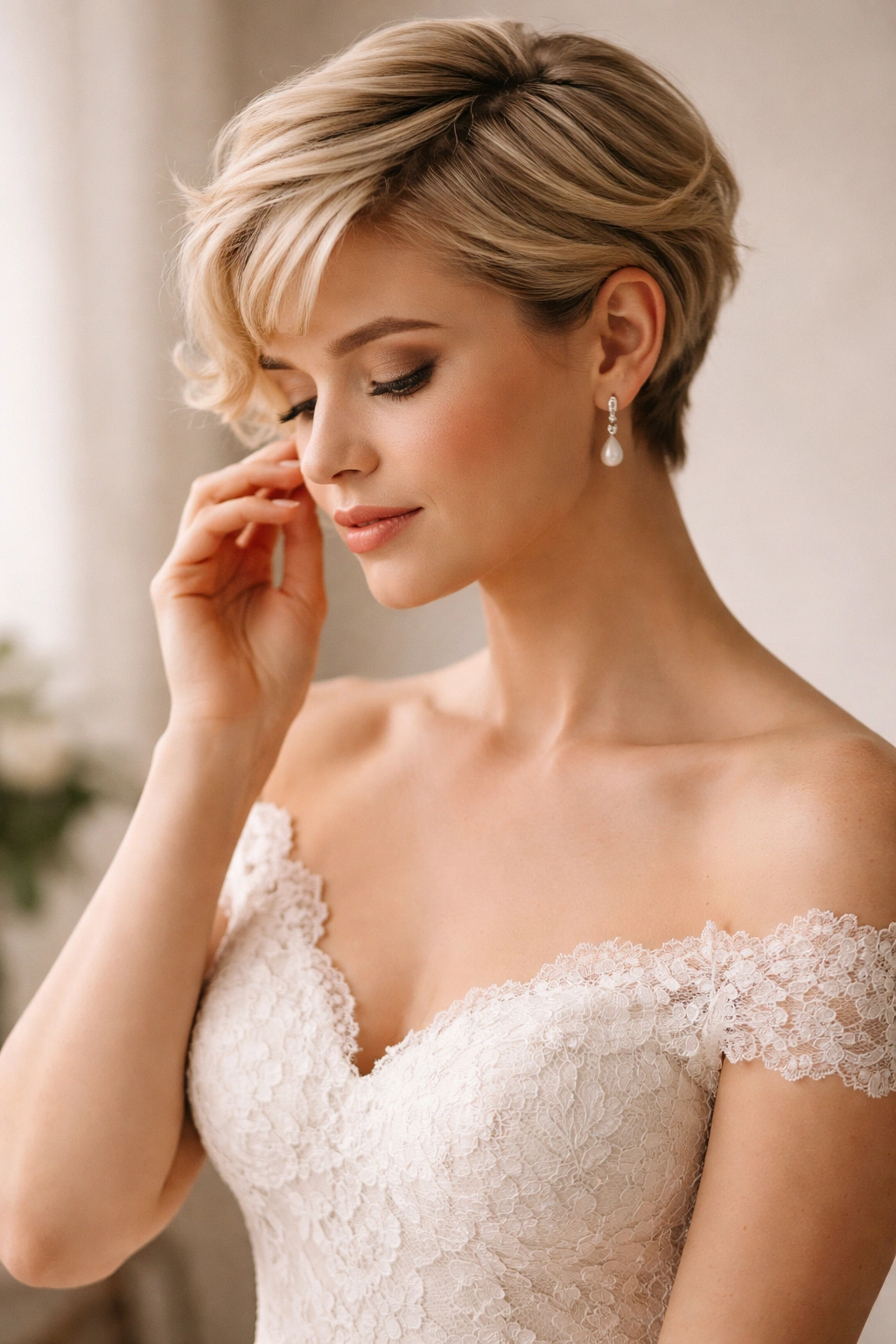 Contemplative bride portrait with short hairstyle
