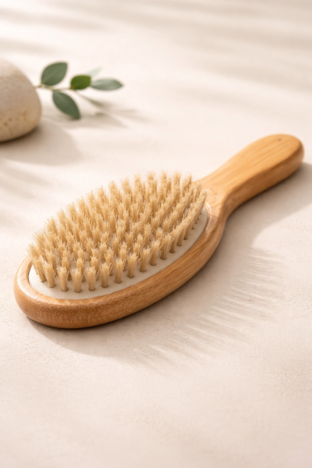 Natural bristle hairbrush on clean surface for scalp prevention